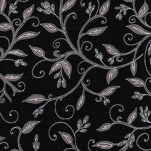 May include: A black background with a repeating pattern of white and gray stylized leaves and vines.