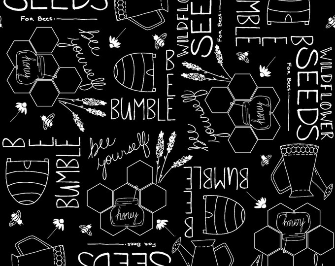 Feed the Bees Bumble Seeds Fabric // 3 Wishes 17217-BLK by the HALF YARD