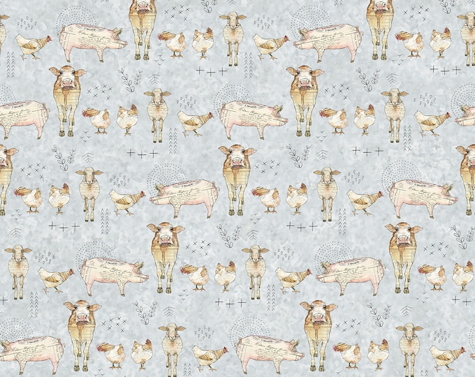 Farm Life Farm Animals // Quilting Treasures 27677-K Light Grey by the HALF YARD