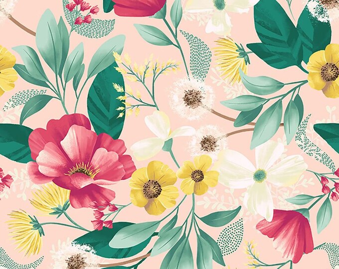 Fresh Meadow Large Floral Fabric // Clothworks Y2903-38 Light Coral by the HALF YARD