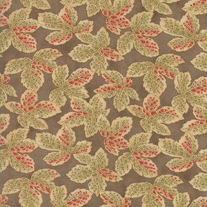 May include: A seamless fabric pattern featuring a repeating design of stylized leaves in shades of brown, green, and red. The leaves have a detailed, intricate design and are arranged in a random pattern.