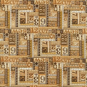 May include: A brown and beige fabric with a repeating pattern of numbers, words, and sewing-related imagery. The words "CUT", "MƏS", "measure", and "CREATE" are visible in the pattern.