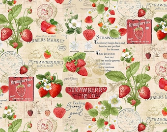 May include: A beige background with a repeating pattern of strawberries, leaves, and flowers. The design includes text elements such as "Strawberries," "Farmers Market," and "Feeling Berry Good." Red strawberry illustrations are prominent.