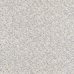 May include: A seamless pattern featuring a repeating design of small white flowers with orange centers on a light gray background. The flowers are surrounded by small black leaves.