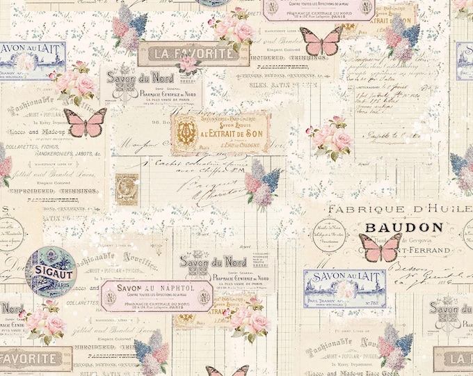 Parisian Snippets Labels & Butterflies Fabric // Blank Quilting 4289-41 Ecru by the Half Yard