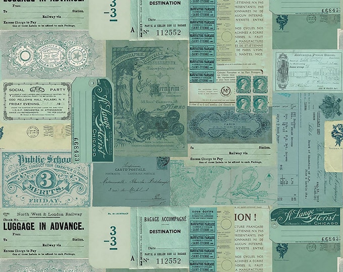 Tim Holtz Teal Palette Epemera Fabric // FreeSpirit PWTH275.TEAL by the Half Yard