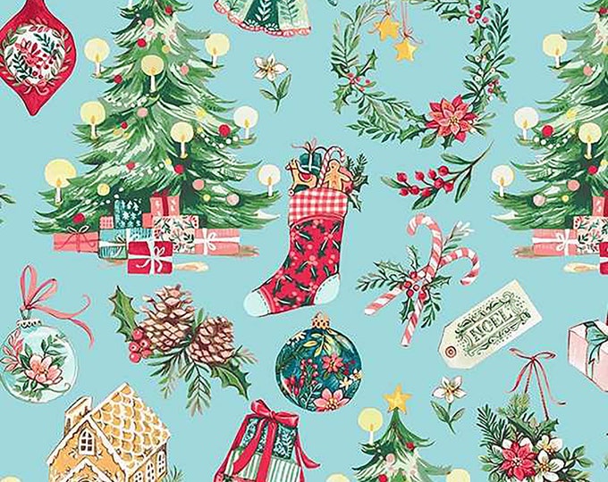 Noel Christmas Morning Fabric // Windham 53045-2 Aqua by the Half Yard