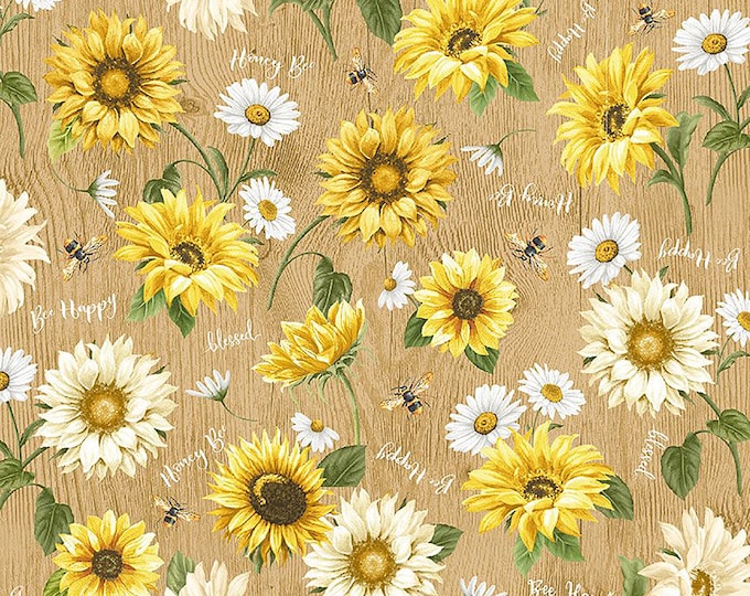 Honey Bee Farm Bee Florals Fabric // Timeless Treasures BEE-CD2396 Tan by the HALF YARD