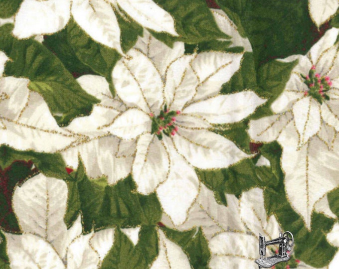White Packed Poinsettia Metallic Christmas Fabric // Crafty Cottons EESCCC 14231 by the HALF YARD