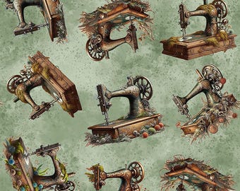 Forget Me Not Sewing Machines Fabric // Blank Quilting 4286-64 Sage by the Half Yard