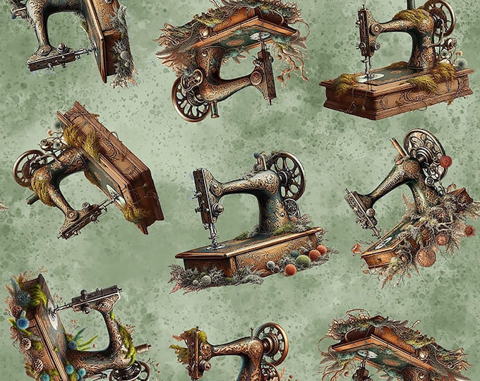 Forget Me Not Sewing Machines Fabric // Blank Quilting 4286-64 Sage by the Half Yard