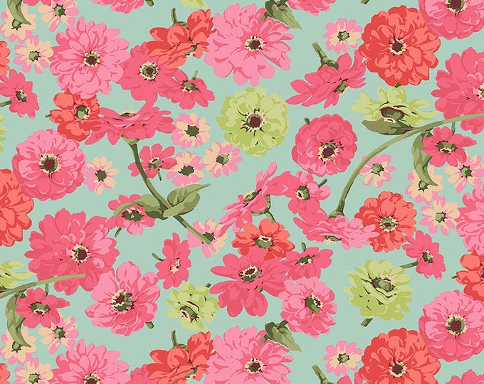 Garden Zinnia Toss Fabric // FreeSpirit PWMN034.AQUA by the Half Yard