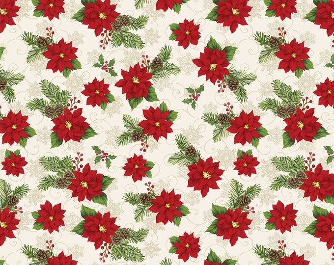 Joy of the Season Poinsettia Fabric // Benartex 13095-07 Cream by the Half Yard
