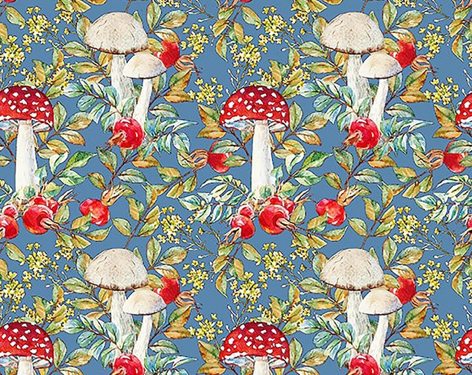 Hedgehog Hollow Mushroom Fabric // In The Beginning 7HH-1 Blue by the Half Yard