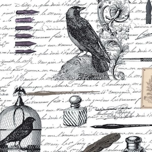 May include: A seamless pattern featuring a crow perched on a rock, ink bottles, a birdcage, and script. The design is in black, white, and gray, with accents of purple and brown. The overall theme is vintage and antique.