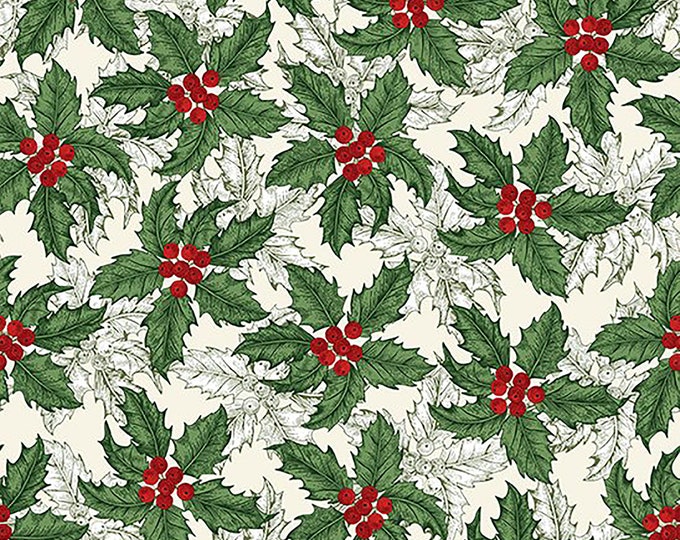 Winter Blooms Tossed Holly Fabric // In The Beginning 5WB-1 Cream by the Half Yard