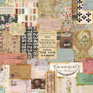 May include: A collage of vintage ephemera, featuring floral patterns, handwritten script, and aged paper textures. The design incorporates elements like playing card suits, botanical illustrations, and numbered tags, creating a layered, antique aesthetic. Colors include beige, pink, and blue.
