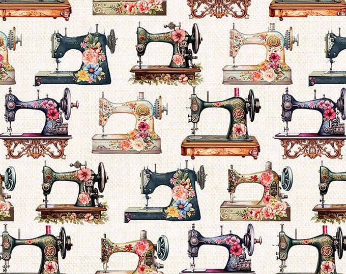 Happy Place Floral Sewing Machines Fabric // Timeless Treasures SEW-CD3874 ECRU by the Half Yard