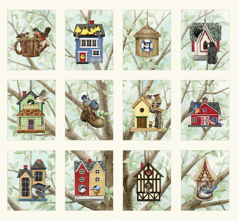 Beautiful Birds Housing Boom 24x22 Quilt Panel by Tracy Lizotte for Elizabeth/'s Studio 4319 CREAM