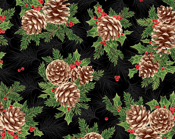 Evergreen Bows Metallic Pinecone Fabric // Maywood Studio MASM10182-J by the Half Yard