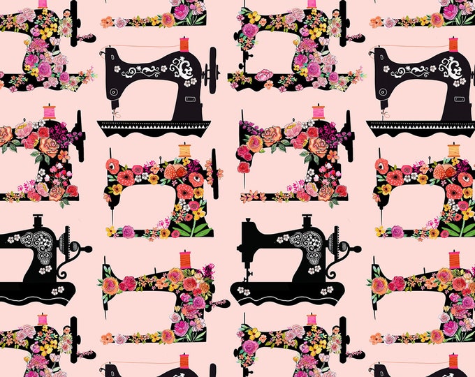Sew Floral Sewing Machines Fabric // Timeless Treasures C8803-PINK by the HALF YARD
