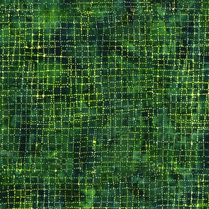 May include: A green and yellow patterned fabric with a grid design. The grid is made up of small dots and lines.