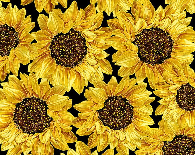 Harvest Packed Metallic Sunflowers Fabric // Timeless Treasures CM8543 Black by the Half Yard