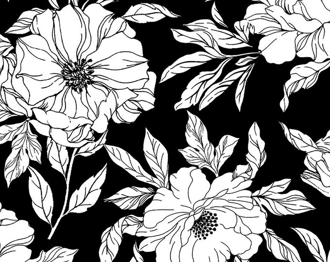 Inked Drawn Tossed Florals // Timeless Treasures INK-C8726 Black by the HALF YARD