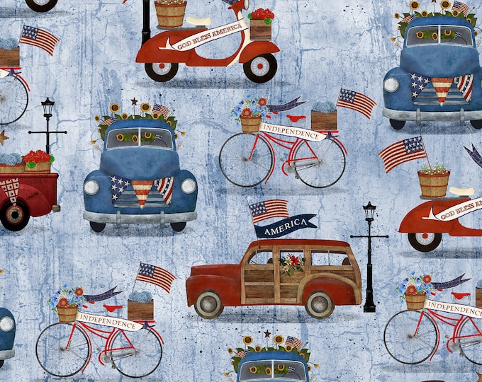 Patriotic Summer Blue Vehicles Fabric // 3 Wishes 17345 by the Half Yard