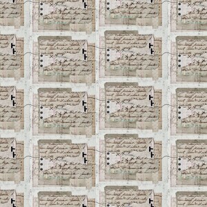 May include: A repeating pattern featuring aged paper textures with handwritten script and ledger elements. The design incorporates layered paper pieces, stitched details, and a muted color palette of beige, cream, and faded black, creating a vintage aesthetic.