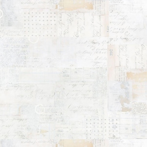 May include: A collage-style design featuring a mix of vintage paper textures, handwritten script, and dotted patterns. The color palette is primarily off-white, with subtle beige and gray accents, creating a distressed, aged aesthetic.