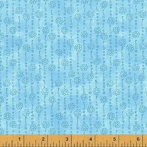 May include: Light blue fabric with a repeating pattern of flowers and the word "FLOWERS" in a vertical layout. The design is in a darker shade of blue, creating a subtle contrast. The fabric is suitable for quilting and crafting.