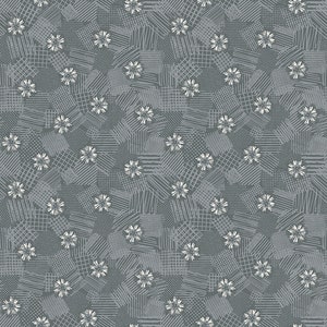 May include: A seamless pattern with a gray background and white stylized flowers. The background is made up of different textures, including stripes, dots, and lines.