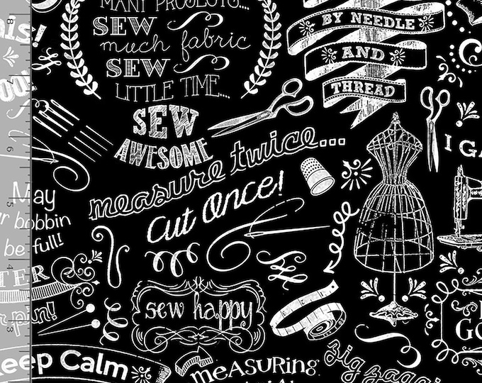 REMNANT 9" Sewing Words Fabric Gail // Timeless Treasures C3417 BLACK