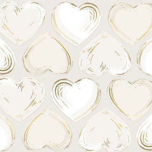 May include: A seamless pattern of white and gold hearts on a light gray background. The hearts are painted with a brushstroke effect, giving them a textured look.