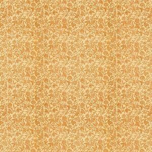 May include: A seamless pattern of small, stylized orange flowers and leaves on a light beige background.