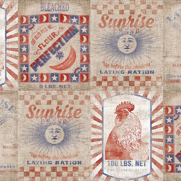 Patriotic Summer Flour Sacks Fabric // 3 Wishes 17351 TAN by the Half Yard
