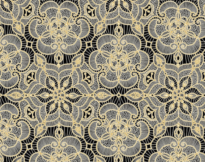 Luminous Lace Medallion Fabric // Quilting Treasures 24432-J BLACK by the Half Yard