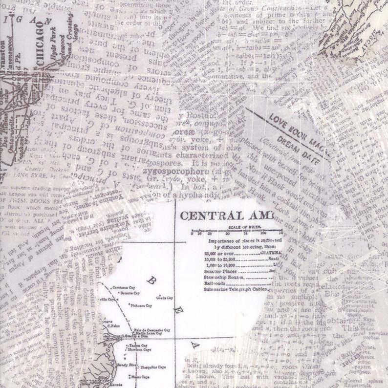 May include: A vintage map of Central America with a scale of miles and a key showing different types of transportation routes. The map is overlaid with a faded newspaper article about a love book magazine and a dream date.