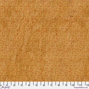 May include: A beige fabric with a repeating pattern of small orange floral designs. The fabric has a textured, vintage look.