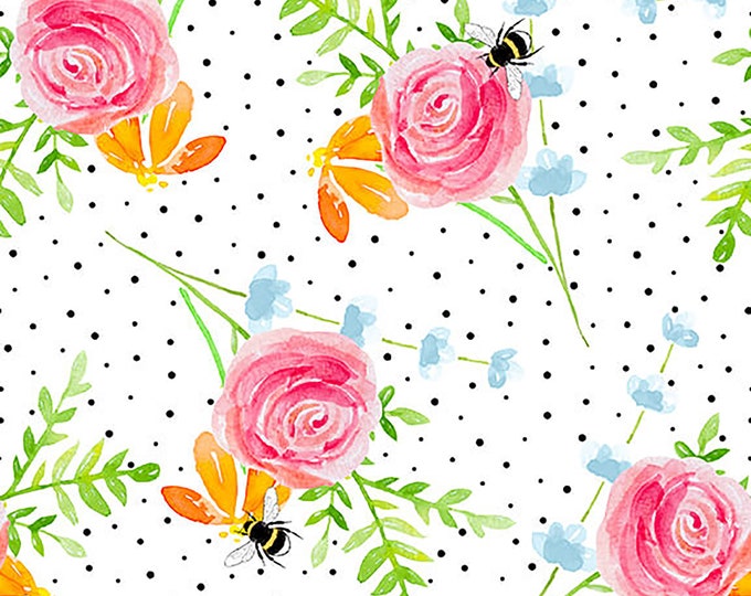 Boho Bouquet Tossed Floral with Dot Fabric by Hope Yoder for Blank Quilting 1112-01 White by the Half Yard