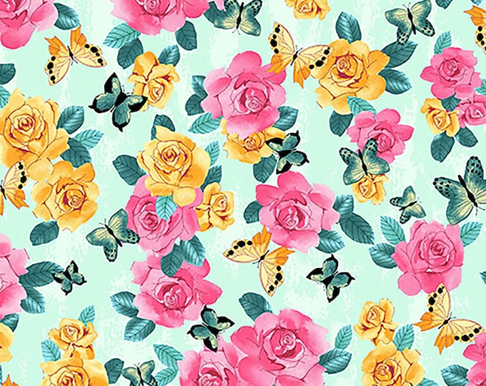 A Beautiful Day Flowers & Butterfly Fabric Turquoise // Clothworks Y2664-100 by the Half Yard