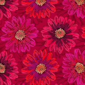 May include: A seamless pattern featuring pink and red flowers with gold centers on a deep red background. The flowers have a layered, textured look, creating a bold and vibrant design.