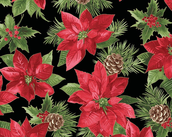 Glad Tidings Metallic Poinsettia Fabric // Maywood Studio MASM9820-J by the HALF YARD
