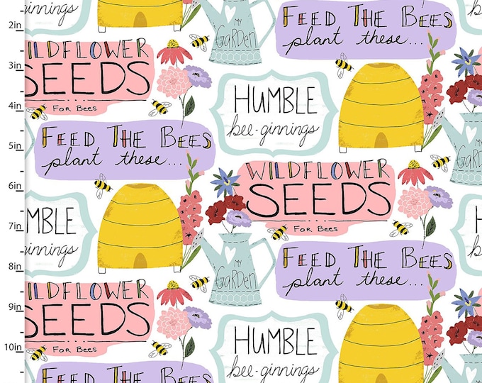 Feed the Bees Garden Words Fabric // 3 Wishes 17215-WHT-CTN-D by the Half Yard