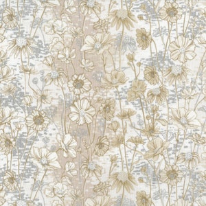 May include: A seamless pattern featuring delicate, stylized flowers in shades of beige and silver on a white background. The flowers are arranged in a random pattern, creating a subtle and elegant design.