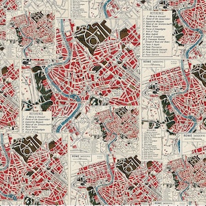 May include: A vintage map of Rome, Italy, with a red and white color scheme. The map shows the city's streets, landmarks, and rivers. The text "ROME (MODERN)" appears multiple times on the map.