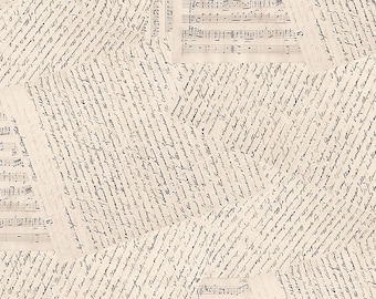 May include: A seamless pattern featuring fragments of aged paper with handwritten script and musical notation. The background is a light beige, with the text and musical notes in a dark brown color. The image has a vintage, antique aesthetic.