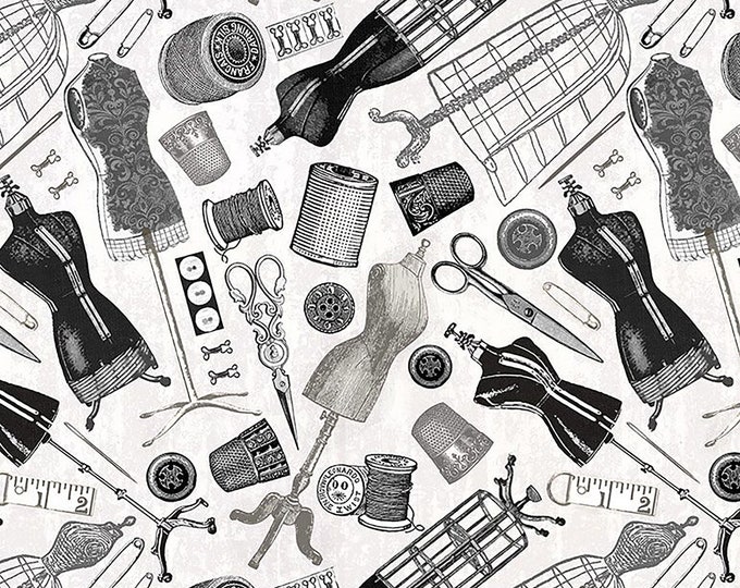 Fabric Lover Vintage Mannequins and Sewing Tools Fabric // Timeless Treasures ERA-CD1501 by the HALF YARD