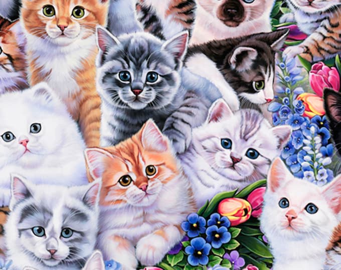 Animal Love Kittens & Flowers Fabric // David Textiles 3202-6C-1 by the HALF YARD
